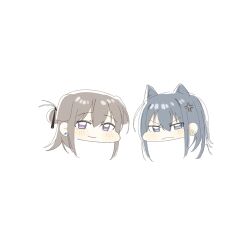 2girls anger_vein animal_ears blue_eyes blue_hair brown_hair cat_ears cat_girl dog_ears dog_girl earrings haidao_mao hair_between_eyes highres jewelry kemonomimi_mode long_hair miyagi_shiori multiple_girls purple_eyes sendai_hazuki shuuniichido_classmate_wo_kau_hanashi sidelocks simple_background white_background