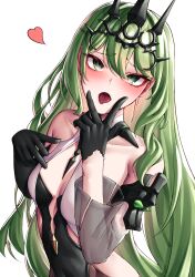 1girl absurdres black_dress black_gloves black_tiara breasts commentary_request covered_navel detached_sleeves dress gloves green_eyes green_hair heart highres honkai_(series) honkai_impact_3rd korean_commentary long_hair looking_at_viewer mobius_(honkai_impact) pyeong_il revealing_clothes simple_background slit_pupils small_breasts solo tiara tongue tongue_out upper_body v v_over_mouth very_long_hair white_background