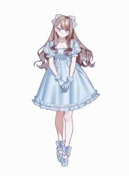 1girl blue_dress blue_eyes blue_gloves blue_ribbon blue_shoes breasts brown_hair closed_mouth collarbone commission dress full_body gloves hair_ornament hairclip highres long_hair looking_at_viewer nanoka_san original ribbon shoes simple_background solo white_background