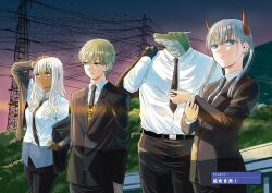 2boys 2girls arm_up belt black_gloves black_jacket black_pants blonde_hair blue_eyes bow bowtie brown_eyes cable closed_mouth cloud cloudy_sky collared_shirt cosmos_(tamura_ryuuhei) dark-skinned_female dark_skin formal_clothes gloves grass green_hair gyaru hands_up highres holding holding_jacket holding_unworn_clothes homura_rin_(cosmos) horns jacket japanese_text kurogane_soprano light_blush lizardman long_hair long_sleeves looking_to_the_side medium_hair mizumori_kaede_(cosmos) multicolored_hair multiple_boys multiple_girls night night_sky non-web_source official_art open_clothes open_jacket pants removed_clothing serious shirt sky suit sunagami_(cosmos) sunset tamura_ryuuhei twintails two-tone_hair unworn_jacket very_long_hair white_hair white_shirt yellow_eyes