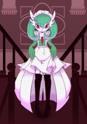 Rule 34 | 1girl, apron, black thighhighs, blush, colored skin, gardevoir, gen 3 pokemon, green hair, green skin, highres, looking at viewer, maid, maid apron, maid headdress, multicolored skin, nintendo, pokemon, pokemon (creature), purple eyes, smile, thighhighs, two-tone skin, white apron, white skin, zozoru