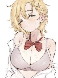 1girl blonde_hair blush bow bowtie bra braid breasts childhood_friend_(ukitaryu) cleavage collarbone earrings hair_between_eyes half-closed_eye highres jewelry large_breasts looking_at_viewer medium_hair one_eye_closed original parted_lips red_bow red_bowtie shirt_down side_braid simple_background solo sweat ukitaryu underwear white_background