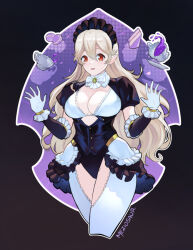 1girl black_leotard blush bow bra breasts cleavage cleavage_cutout clothing_cutout detached_sleeves female_corrin_(fire_emblem) fire_emblem fire_emblem_fates gloves grey_hair hair_between_eyes hair_ornament large_breasts leotard long_hair looking_at_viewer maid maid_headdress meziosaur nintendo open_mouth pantyhose pointy_ears red_eyes solo underwear white_bow white_bra white_gloves white_hair white_pantyhose