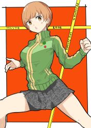 1girl black_skirt brown_eyes brown_hair cowboy_shot green_jacket highres jacket looking_at_viewer open_mouth persona persona_4 satonaka_chie school_uniform short_hair skirt tomboy track_jacket user_pjmm3847 yasogami_school_uniform