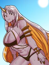 Rule 34 | 1girl, abs, bent over, bikini, black bikini, breasts, cleavage, colored skin, fire emblem, fire emblem heroes, grey skin, gullveig (fire emblem), gullveig (summer) (fire emblem), halterneck, highres, horns, large breasts, long hair, looking at viewer, mnejing30, multicolored hair, muscular, muscular female, nintendo, official alternate costume, orange hair, single horn, swimsuit, thick thighs, thighs, two-tone hair, white hair
