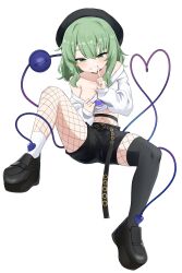 Rule 34 | 1girl, alternate costume, belt, black choker, black hat, black shoes, black shorts, black thighhighs, breasts, choker, clothes pull, commentary, fishnet thighhighs, fishnets, full body, green eyes, hat, heart, heart of string, highres, komeiji koishi, long hair, long sleeves, looking at viewer, masho makamaka, medium breasts, midriff, navel, o-ring, o-ring choker, shirt, shirt pull, shoes, shorts, simple background, single thighhigh, socks, solo, thighhighs, third eye, touhou, white background, white shirt, white socks