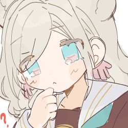 Rule 34 | 1girl, :&lt;, ?, animal ears, aqua neckerchief, blue eyes, blush, brown dress, ceras yanagida lilienfeld, closed mouth, col person, collarbone, commentary, dress, frown, grey hair, hair ribbon, hand on own chin, hasu no sora school uniform, highres, kemonomimi mode, link! like! love live!, long hair, long sleeves, looking at viewer, love live!, neckerchief, pink ribbon, portrait, ribbon, sailor collar, sailor dress, school uniform, sidelocks, simple background, solo, swept bangs, symbol-only commentary, virtual youtuber, white background, white sailor collar, winter uniform