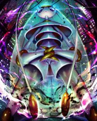 1girl 8686island building dust eyelashes fewer_digits from_below gen_7_pokemon giant giantess interlocked_fingers kneeling light_particles looking_at_viewer looking_down nintendo open_mouth pheromosa pokemon pokemon_(creature) purple_eyes skyscraper solo ultra_beast