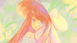 1girl bare_shoulders closed_mouth day dress eyelashes flower happy hat highres leaf long_hair looking_at_viewer morgue_(southsakura) off-shoulder_dress off_shoulder orange_hat original outdoors pink_eyes pink_hair pointy_nose smile solo straight_hair strap summer sun_hat two-sided_fabric two-sided_headwear upper_body white_dress white_hat yellow_flower