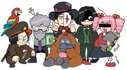 1girl 4boys :3 :| afro aged_up alternate_costume alternate_hairstyle animal animal_on_head arm_behind_back arms_behind_back aruko_okara ascot banknote bar_censor beard bird bird_on_head black_eyes black_hair black_hat black_skirt blank_eyes bow bowtie briefcase brooch brown_hat brown_jacket brown_pants burning cardigan censored character_request check_character closed_mouth coat copyright_request covered_eyes da_vinci_osorezan domino_mask drill_hair facial_hair formal_clothes frown full_beard glaring glasses goatee green_ascot green_jacket green_pants green_shirt green_suit green_vest grey_hair hair_ribbon half_mask harajuku_(omocoro) hat highres holding holding_briefcase holding_jar holding_money indie_virtual_youtuber jacket jar jewelry jitome katou_ryou lab_coat long_beard looking_at_another looking_at_viewer mask military_uniform money multiple_boys mustache nagata_(omocoro) necktie no_mouth nose_picking object_through_head on_head onosanlove open_clothes open_coat open_mouth orangutan pants parrot peaked_cap pink_hair purple_necktie real_life red_bow red_bowtie red_cardigan red_ribbon red_shoes ribbon round_eyewear scared severed_finger shaded_face shirt shoes short_hair simple_background skirt slav_squatting socks squatting standing striped_necktie suit syringe_in_head tokumei_radio top_hat twin_drills v-shaped_eyebrows vest virtual_youtuber white_socks
