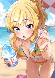 1girl bare_shoulders beach bikini blonde_hair blue_eyes blush breasts cleavage collarbone cup food highres holding holding_cup holding_straw idolmaster idolmaster_cinderella_girls incoming_food long_hair looking_at_viewer medium_breasts niban_(puka_0507) ocean ohtsuki_yui open_mouth ponytail rainbow_bikini sand shaved_ice side-tie_bikini_bottom solo spoon_straw swimsuit thighs wavy_hair wavy_sidelocks