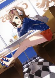 1girl :d absurdres amami_haruka backpack bag bare_legs beats_by_dr._dre brown_hair cup drinking_straw female_focus flats green_eyes hair_ribbon headphones highres idolmaster idolmaster_(classic) leaning_forward legs looking_at_viewer no_socks open_mouth polka_dot ribbon short_hair short_shorts shorts sitting smile solo tiv