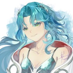1girl artist_name bai_long_i bare_shoulders blue_hair closed_mouth dated dress fang fang_out green_eyes highres hissabeth jacket long_hair looking_at_viewer off_shoulder red_pupils reverse:1999 signature silver_dress sleeveless sleeveless_dress slit_pupils smile solo spaghetti_strap upper_body white_background white_jacket
