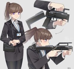 1girl 9x19mm_parabellum absurdres artist_name assembling brown_hair earpiece finger_on_trigger firing folding_gun formal_clothes gar32 gun handgun_cartridge highres holding holding_gun holding_weapon id_card lanyard magpul_fmg-9 military_cartridge original pistol_cartridge ponytail purple_eyes shell_casing solo submachine_gun suit transformation transforming_weapon weapon