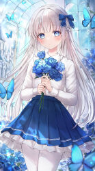 1girl :o absurdres blue_bow blue_eyes blue_flower blue_rose blue_skirt bouquet bow bug building butterfly collared_shirt commentary flower frilled_skirt frills greenhouse hair_bow highres holding holding_bouquet insect long_sleeves looking_at_viewer original petticoat pleated_skirt rose shirt skirt solo standing symbol-only_commentary tsumugi_8345 white_hair white_shirt