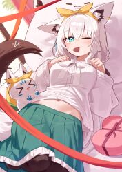1girl ;3 absurdres ahoge animal_ear_fluff animal_ear_piercing animal_ears aqua_eyes black_pantyhose bow bowtie box braid candy chocolate chocolate_heart commentary_request deaver double-parted_bangs food food_in_mouth fox_ears fox_girl fox_tail frilled_skirt frills fubuzilla_(shirakami_fubuki) green_skirt hair_between_eyes hairband heart heart-shaped_box heart-shaped_food highres hololive long_hair long_sleeves looking_at_viewer low_ponytail lying midriff mouth_hold navel no_shoes official_alternate_costume on_back one_eye_closed pantyhose pentagram ponytail shirakami_fubuki shirakami_fubuki_(street) shirt side_braid skirt smile sukonbu_(shirakami_fubuki) tail valentine virtual_youtuber white_bow white_bowtie white_hair white_shirt wide_sleeves yellow_hairband