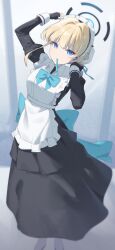 1girl absurdres apron back_bow black_dress black_halo blonde_hair blue_archive blue_bow blue_eyes blue_ribbon bow braid collared_shirt commentary dress frilled_apron frilled_shirt frills hair_intakes half_up_braid halo highres jei_(user_tckk7448) long_dress looking_at_viewer maid maid_apron maid_headdress mouth_hold ribbon ribbon_in_mouth shirt short_hair_with_long_locks solo toki_(blue_archive) white_apron white_shirt wrist_cuffs