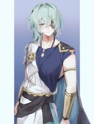1boy absurdres alternate_costume anaxa_(honkai:_star_rail) aqua_hair collarbone earrings eyepatch fz7047 hair_between_eyes highres honkai:_star_rail honkai_(series) jewelry looking_at_viewer male_focus medium_hair one_eye_covered pink_pupils single_earring solo upper_body
