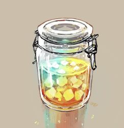 Rule 34 | commentary request, glass, glowing, highres, jar, no humans, object focus, object request, original, reflection, signature, simple background, still life, yamabuki (haruirokerria)