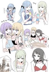 5girls ave_mujica_(bang_dream!) bang_dream! bang_dream!_it&#039;s_mygo!!!!! bikini black_bikini black_choker black_hair blonde_hair blue_bikini blue_eyes breast_press breasts choker cleavage commentary_request cup food green_hair highres holding holding_cup korean_commentary long_hair low_twintails medium_breasts misumi_uika multiple_girls navel open_mouth pink_eyes purple_eyes purple_hair red_bikini sand_castle sand_sculpture shaved_ice short_hair sidelocks sierit small_breasts smile stomach swimsuit togawa_sakiko tongue tongue_out twintails v wakaba_mutsumi white_bikini yahata_umiri yuutenji_nyamu