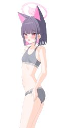 Rule 34 | 1girl, absurdres, animal ears, ass, bare arms, bare shoulders, blue archive, blush, breasts, calvin klein, cat ears, colored inner animal ears, colored inner hair, erierica (erica), flat ass, from side, grey panties, grey sports bra, halo, highres, kazusa (blue archive), looking at viewer, multicolored hair, navel, open mouth, panties, pink hair, pink halo, purple hair, red eyes, simple background, small breasts, solo, sports bra, stomach, twisted torso, two-tone hair, underwear, underwear only, white background