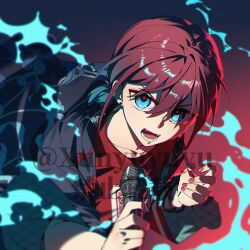 1girl blue_eyes blue_hair brown_hair commentary girls_band_cry gradient_hair hair_between_eyes holding holding_microphone iseri_nina kuuhaku_to_catharsis looking_at_viewer low_twintails microphone multicolored_hair nail_polish open_mouth red_nails red_shirt shirt short_hair short_twintails solo teeth twintails xunyu_(manyu)