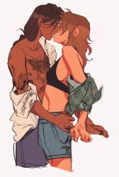 Rule 34 | 2girls, arm tattoo, black bra, bra, brown hair, chest tattoo, dark skin, firnella, grabbing another&#039;s ass, groping, highres, kiss, multiple girls, original, scar, short shorts, shorts, tattoo, unbuttoned, unbuttoned shirt, underwear, yuri