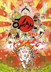 6+boys 6+girls absurdres amaterasu_(ookami) beard breasts capcom cherry_blossoms cleavage copyright_name dog everyone facial_hair flower glowing glowing_sword glowing_weapon grass helmet highres himiko_(ookami) issun japanese_clothes kaguya_(ookami) kimono kushi lika logo looking_at_viewer markings mask mr_orange multiple_boys multiple_girls official_art okikurumi_(ookami) ookami_(game) petals plant rao running sakuya_(ookami) sun susanoo_(ookami) sword tree tsuzurao ushiwakamaru_(ookami) weapon wolf