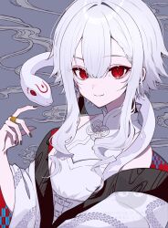 Rule 34 | 1girl, bare shoulders, black nails, black trim, chinese clothes, cloud, corset, daxiushan, double-parted bangs, dress, earrings, gold ring, grey background, hair intakes, haruwo, highres, jacket, jewelry, long sidelocks, looking at viewer, mandarin collar, off shoulder, original, patterned clothing, red jacket, short hair with long locks, sidelocks, sleeveless, sleeveless dress, slit pupils, snake, snake print, snake wrapped around body, solo, tassel, tassel earrings, two-sided fabric, two-sided jacket, upper body, white corset, white dress, white hair, white jacket, white snake, xiangyun