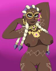 Rule 34 | 1girl, bodypaint, braid, braided ponytail, breasts, curvy, dark-skinned female, dark skin, dolores (kof), dope is nukat, dopeisnukat, earrings, female focus, glasses, gold, huge breasts, jewelry, large breasts, long hair, looking at viewer, multicolored hair, nipples, no panties, nukat is dope, nukatisdope, purple hair, pussy, round eyewear, standing, the king of fighters, thick thighs, thighs, two-tone hair, white hair, wide hips