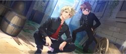 Rule 34 | 2boys, alley, barrel, wallet chain, blonde hair, brick wall, brown hair, building, candy, cart, closed mouth, day, dust (konosuba), food, game cg, green eyes, hair between eyes, hands in pockets, highres, holding, holding candy, holding food, holding lollipop, kono subarashii sekai ni shukufuku wo!, konosuba! fantastic days, lollipop, looking at viewer, mole, mole under eye, multiple boys, official alternate costume, official art, outdoors, red eyes, red shirt, satou kazuma, shade, shirt, short hair, slav squatting, smile, squatting, standing, stone floor, sunlight, unbuttoned, v-shaped eyebrows