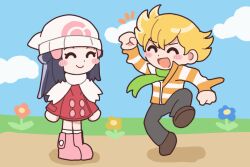 1boy 1girl animated animated_gif barry_(pokemon) beanie blonde_hair blush_stickers boots closed_eyes dawn_(pokemon) deformed flower full_body green_scarf hat manmi nintendo outdoors pink_shoes pokemon pokemon_dppt pokemon_platinum scarf shoes smile standing white_scarf