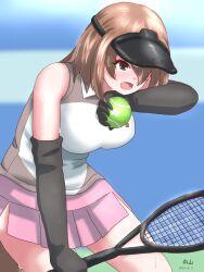 1girl ball bare_shoulders black_gloves blush brown_eyes brown_hair brown_shirt cowboy_shot elbow_gloves gloves heavy_breathing highres japari_symbol kemono_friends mukouyama_mu open_mouth pink_skirt platypus_(kemono_friends) platypus_girl pleated_skirt racket shirt short_hair skirt sleeveless solo sweatdrop tail tennis_ball tennis_racket two-tone_shirt visor_cap white_shirt wiping_face