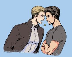 2boys angry animification avengers_(series) black_eyes blonde_hair blue_background blue_eyes brown_hair brown_jacket buttons closed_mouth collared_shirt commentary_request crossed_arms facial_hair grey_shirt highres jacket jinglus4122 long_sleeves looking_at_another male_focus marvel marvel_cinematic_universe multiple_boys open_clothes open_jacket open_mouth shirt short_hair short_sleeves simple_background steve_rogers t-shirt teeth tony_stark upper_body v-shaped_eyebrows white_shirt