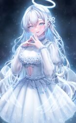 1girl absurdres blue_eyes blue_nails blush breasts commentary_request dress flower hair_between_eyes hair_ornament halo highres long_hair long_sleeves looking_at_viewer nail_polish original own_hands_together see-through_clothes see-through_sleeves smile snowflakes solo steepled_fingers white_dress white_hair yuubarish