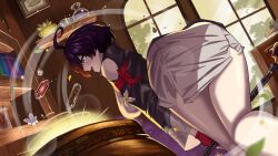 absurdres ahoge atelier_(series) atelier_yumia beaker cauldron fingerless_gloves flower gem gloves highres holding holding_staff smile staff window yumia_liessfeldt zer0z_vi