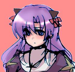 1girl animal_ears blue_eyes blush bow cat_ears cat_girl closed_mouth commentary_request cross cross_necklace dress expressionless hair_bow jewelry juliet_sleeves long_hair long_sleeves looking_at_viewer necklace pink_background priest_(ragnarok_online) puffy_sleeves purple_dress purple_hair ragnarok_online red_bow shomu_(arujanainon) simple_background solo upper_body