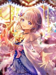 1girl baizu_(guszx) blue_eyes blush breasts churro collarbone cowboy_shot dress food gem gem_hair_ornament grey_hair hair_ornament highres holding holding_churro holding_food jewelry long_sleeves looking_at_viewer medium_hair open_hand open_mouth outstretched_arm outstretched_hand palms ribbon see-through_clothes shironeko_project skirt small_breasts smile solo spread_fingers tina_topia wavy_hair