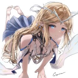 Rule 34 | 1girl, bare shoulders, barefoot, black collar, blonde hair, blue eyes, breasts, cartethyia (wuthering waves), closed mouth, collar, commentary, crown of thorns, earrings, feet, highres, jewelry, kneeling, long hair, looking at viewer, necklace, parted bangs, pointy ears, shi3, sidelocks, signature, simple background, small breasts, smile, solo, tabard, tacet mark (wuthering waves), toes, white background, white tabard, wuthering waves