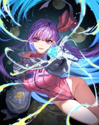 1girl bb_(fate) bb_cosmo_(fate) breasts elbow_gloves fate/grand_order fate_(series) full_moon gloves gradient_background large_breasts long_hair looking_at_viewer moon purple_eyes purple_hair red_ribbon ribbon sattari solo spacesuit thighs