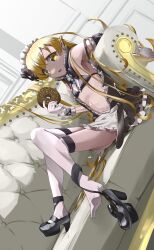 1girl absurdres apron armpits bakemonogatari bikini black_bikini blonde_hair bunoshii donut fang food gloves highres holding holding_donut holding_food kneehighs loli looking_at_viewer maid_apron maid_headdress monogatari_(series) navel oshino_shinobu skin_fang socks solo stomach swimsuit white_gloves yellow_eyes