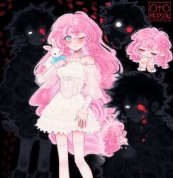 ! !! 1boy 1girl \||/ alternate_universe animal antenna_hair artist_name aubrey_(faraway)_(omori) aubrey_(omori) bare_shoulders black_background black_skin blue_bow blue_bowtie blue_eyes blush bow bowtie breasts chibi chibi_inset choker closed_eyes closed_mouth collarbone colored_skin corset double-parted_bangs dress feet_out_of_frame frilled_dress frills frown glowing glowing_eyes greyscale hair_between_eyes hand_up heterochromia highres holding holding_animal holding_chibi lace lace-trimmed_sleeves lace-trimmed_thighhighs lace_trim long_hair long_sleeves looking_at_viewer monochrome multiple_views off-shoulder_dress off_shoulder omori one_eye_closed otomerson pink_hair puffy_long_sleeves puffy_sleeves rabbit red_eyes ribbon-trimmed_choker see-through_clothes see-through_sleeves short_dress short_hair simple_background skinny small_breasts standing stranger_(omori) thighhighs u_u very_long_hair white_choker white_corset white_dress white_eyes white_rabbit_(animal) white_thighhighs zettai_ryouiki