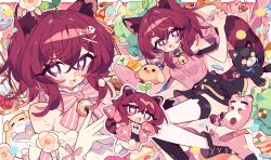 Rule 34 | 1girl, baby animal, bell, bird, bow, breasts, bright pupils, cake, cake slice, chibi, chick, commission, crossed bangs, fang, fish skeleton hair ornament, fish skeleton print, flower, food, gloves, hair between eyes, hair ornament, heart, heart-shaped pupils, highres, ice cream, jingle bell, multiple views, neck bell, original, peroppafu, pink bow, pink shirt, purple eyes, red hair, sapling, second-party source, shirt, small breasts, striped tail, stuffed animal, stuffed bird, stuffed cat, stuffed dog, stuffed toy, symbol-shaped pupils, tail, tanuki, white gloves, white pupils, x hair ornament