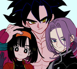 Rule 34 | 1girl, 2boys, abs, black eyes, black gloves, black hair, black jacket, blue background, blue eyes, body fur, buttons, dot nose, double-breasted, dragon ball, dragon ball gt, dragon ball heroes, fingernails, gloves, grandfather and granddaughter, grin, hairband, hand on another&#039;s head, hand up, high collar, highres, jacket, kodama (marugoto omikan), looking at viewer, low ponytail, messy hair, multiple boys, muscular, muscular male, orange hairband, pan (dragon ball), pan (xeno), pan (xeno) (dragon ball), parted bangs, pectorals, ponytail, purple hair, red jacket, short hair, sideways glance, simple background, smile, son goku, super saiyan, super saiyan 4, trunks (dragon ball), trunks (future) (dragon ball), trunks (future) (xeno) (dragon ball), wristband, yellow eyes