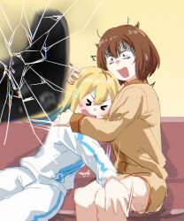 &gt;_&lt; 2girls absurdres blue_hair brown_hair brown_shirt closed_eyes colored_inner_hair commentary cracked_screen handheld_game_console highres hug jacket kouzuki_mahiru long_hair multicolored_hair multiple_girls mutsuki_(mutsuki0110) open_mouth pajamas pants shirt short_hair symbol-only_commentary throwing white_jacket white_pants yamanouchi_kano yoru_no_kurage_wa_oyogenai yuri