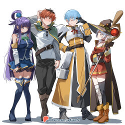 Rule 34 | 2boys, 2girls, :t, aqua (konosuba), aqua (konosuba) (cosplay), armor, asymmetrical legwear, belt, blue hair, blush, boots, breasts, cape, choker, cloak, cosplay, darkness (konosuba), darkness (konosuba) (cosplay), dress, earrings, elf, faulds, fern (sousou no frieren), frieren, frills, full body, hand on own forehead, hat, highres, himmel (sousou no frieren), holding, holding staff, jewelry, kono subarashii sekai ni shukufuku wo!, large breasts, looking at another, megumin, megumin (cosplay), miniskirt, multiple boys, multiple girls, pants, patreon username, pauldrons, pointy ears, pout, purple hair, red hair, satou kazuma, satou kazuma (cosplay), shirt, shoulder armor, skirt, skirt tug, sousou no frieren, staff, standing, stark (sousou no frieren), sydus, thigh boots, thighhighs, thighs, white background, white hair, wizard hat, zettai ryouiki