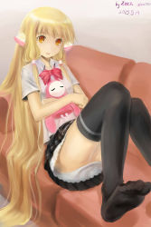 00s 10s 1girl 2013 artist_name black_thighhighs blonde_hair bow bowtie brown_eyes chii chobits couch dated feet hair_spread_out highres holding long_hair no_shoes robot_ears school_uniform short_sleeves sitting skirt smile stuffed_toy thighhighs very_long_hair zzz_(chomic)