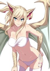 Rule 34 | 1girl, bad id, bad twitter id, blonde hair, breasts, covered erect nipples, cowboy shot, dragon girl, dragon horns, dragon wings, female focus, green eyes, highres, horns, large breasts, long hair, myr (p&amp;d), nipples, panties, puuzaki puuna, puzzle &amp; dragons, side-tie panties, solo, standing, thighhighs, underwear, underwear only, wings