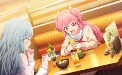 2girls cardigan cherry closed_eyes color_of_myself!_(project_sekai) colorful_palette cream cup drink fang food fruit game_cg highres hinomori_shizuku holding holding_phone holding_spoon ice_cream menu momoi_airi multiple_girls neckerchief official_art open_mouth parfait phone pink_eyes profile project_sekai red_neckerchief sailor_collar saucer smile spoon sweatdrop third-party_source tongue two_side_up white_sailor_collar yellow_cardigan