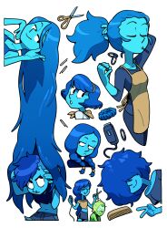 2girls :o absurdly_long_hair alternate_hair_length alternate_hairstyle apron blue_scrunchie blue_skin bob_cut bobby_pin braid clippers colored_skin comb crop_top cutting_another&#039;s_hair cutting_hair discount-supervillain hairband highres lapis_lazuli_(steven_universe) long_hair low_twin_braids multiple_girls no_ears peridot_(steven_universe) ponytail scissors scrunchie smile steven_universe twin_braids undercut v very_long_hair